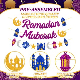 Ramadan Mubarak Banner Ramadan Star Moon Lantern Castle Theme Supplies for Muslim Islamic Ramadan Kareem Festival Celebration Party Decorations （Purple）