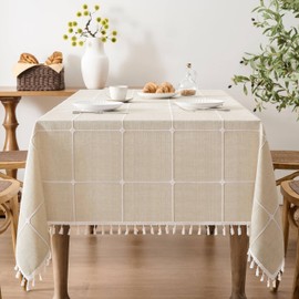 ZeeMart Boho Grid Table Cloth with Tassels (Light Tan, 52" x 52"), Heavy Weight Linen Checked Embroidered Farmhouse Tablecloth, Water Resistant Square Beige Tablecloths