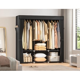 Neatrays Wardrobe Closet，Portable Closets for Hanging Clothes,Free Standing Clothes Rack with Cover & 3 Hanging rods & 6 Storage Shelves & 2 Side Pockets