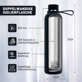 Exllena Stainless Steel Drinking Bottle 1 Litre Keeps Drinks Cold for 24 Hours / Warm for 12 Hours Water Bottle 1 Litre 100% Leak-Proof Ideal for Office, School, Gym etc. (Black)