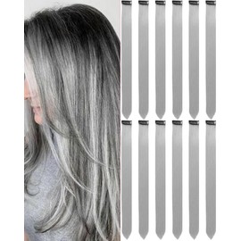 12 PCS Grey Hair Extensions Clip in, Olldag 22-inch Colored Party Synthetic Neon Highlights Extensions, Rainbow Hair Accessories for Girls Women Kids Doll Hair Pieces