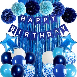 Hyballustw Blue Birthday Decorations for Boys Men Happy Birthday Banner Balloons Navy Royal Light Blue Pom Poms Foil Curtain Décor Royal Blue Birthday Decorations for Men Boy Birthday