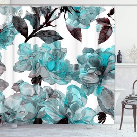 Emvency Aqua Shower Curtain Blue Flower Floral Teal Pattern with Roses Watercolor Colorful Abstract Black Home Decor Waterproof Polyester Fabric 72 x 78 inches Set with Hooks