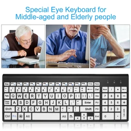 HXMJ-Wireless Large Print Keyboard and Mouse Set with USB Receiver| Quiet Scissor Switch | for Seniors and Visually Impaired Low Vision Individuals-White