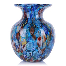 Round Glass Vase for Home Decor, Hand Blown Vase for Flowers, Boho Colored Art Glass Vases for Modern Dinner Table Funky Centerpieces Office Desktop Countertop TV Stand Decor (Blue)