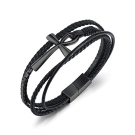 CARICY Cross Leather Bracelet for Men Multi-Layer Braided Leather Stainless Steel Black Cross Bracelet Bangle Wristband Jewelry Gift for Men Father