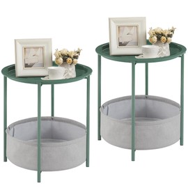 VECELO Round Side/End Table with Fabric Storage Basket，Metal Anti-Rust and Waterproof Small Bedside Nightstand with Removable Tray Top for Living Room，Balcony & Laundry，Dark Green /2pcs with Basket