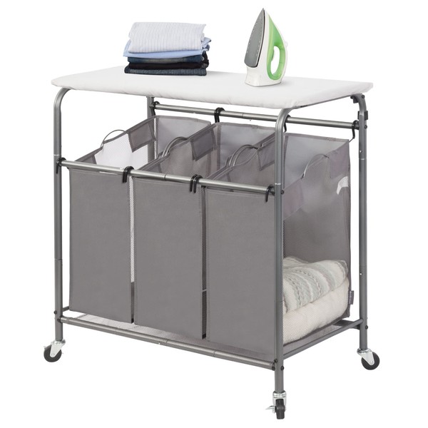 STORAGE MANIAC 3-Section Laundry Sorter with Foldable Ironing Board, Heavy-Duty Rolling Laundry Cart with and Removable Bags, Triple Laundry Hamper with Wheels, Dark Grey