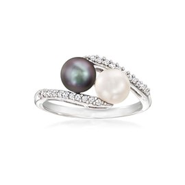 Hipearl Black and White Pearl Ring for Women 18 White Gold Plated .13 ct. t.w. Simulated Diamond Bypass Ring, AAA Quality Handpicked Two Natural 6mm Pearl Ring, Size 5-9 (2 Pearl Bypass Ring, 7.5)