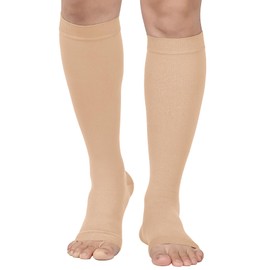 MGANG Plus Size Compression Socks Open Toe for Women Men, Extra Wide Calf 5XL Knee-Hi Compression Stockings, 20-30 mmHg Support Socks Ideal for Varicose Veins, Spider Veins, Lymphedema, Beige 5X-Large