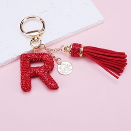 RANXIZY Cute Rhinestone Initial Letter Keychains for Women With Tassel,Crystal Bling Bag Charm Pandent for Women (Red R)