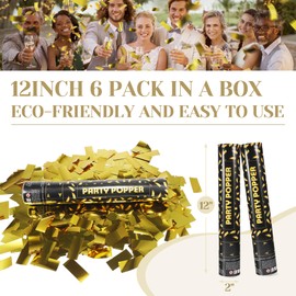 Gold Confetti Cannon, Confetti Poppers，6pack 12inch Confetti Wands For Birthday，Indoor Wedding,Party,Celebrations，Photo Shoots and New Year (Gold 6Pack)