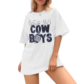 Womens Football Sequin Embroidery Shirts Oversized Vintage Game Day Tshirt Casual Football Season Short Sleeve Tops White