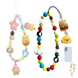 FOSDICK 2 Pcs Cute Phone Charm, Phone Bracelet Strap, phone Charms Hamburger and Starfish Pattern, Colourful Beaded Lanyard, Accessories for Women Girls