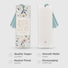 Christian Art Gifts Premium Inspirational Vegan Leather Scripture Bookmark for Women: Be Still & Know Encouraging Gold Bible Verse, Blue Satin Ribbon, Reading, Marking Pages, White Multicolor Floral