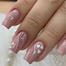 Valentine's Day Press on Nails Medium Square Fake Nails with White Hearts Design Glitter Lines Glue on Nails Press ons Light Purple False Nails Valentines Artificial Stick on Nails for Girls 24Pcs