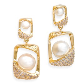 Frigotine Dainty Gold Geometric Rhinestone Pearl Drop Dangle Earrings for Women, Statement Trendy Cubic Zirconia Hypoallergenic Earing Bridal Wedding Prom Jewelry Gift