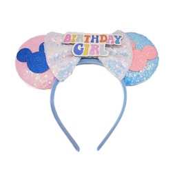 XINXIYAN Birthday Ears Headband with Bow for Women Glitter Sequin Mouse Ears Birthday Party Princess Decoration (Pink&blue)