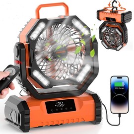 Featwell 20000mAh Rechargeable Camping Fan with LED Light, Portable 360° Rotating Hook, Multi-functional Fan for Travel Bedroom Home Camping Tent Office Beach Desk Fishing Table - Color: Orange