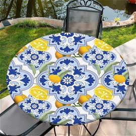 Outdoor round tablecloth with elastic band, diameter 36 inches (90 cm), elastic garden tablecloth with lemon retro style pattern