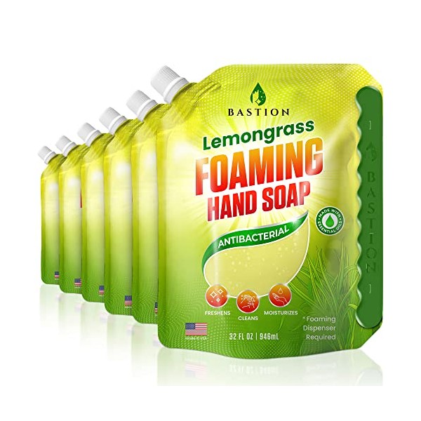 Bastion Foaming Hand Soap Refills - (6) 32oz Pouches - 1.5 Gallons - Lemongrass Scented Antibacterial Instant-Foam Hand Wash Formula