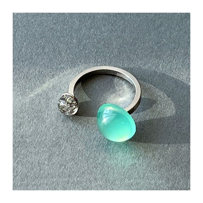 [comimi] Natural Stone Ring, Tourmaline Quartz, Resin Cabochon, Forking, Silver,