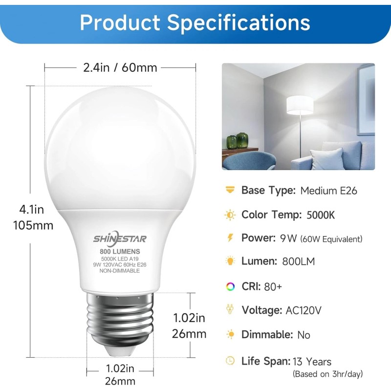 SHINESTAR 6 Pack A19 LED Light Bulb 9W Equivalent 60W