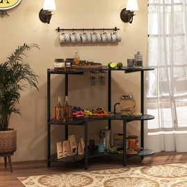 COSTWAY Bar Unit for Liquor, 3 Tier Corner Bar Table with Wine Glasses Holder, Proper Height, Elevated Metal Guardrails, Wine Bakers Rack for Kitchen Dining Room Pub (Black)