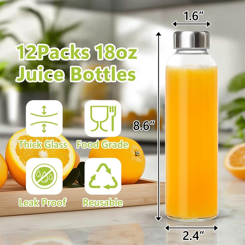 KEYWING 12Packs Glass Juice Bottles with Lids, 18oz Clear Juicing