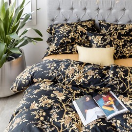 Eastern Floral Chinoiserie Blossom Print Duvet Quilt Cover Navy Blue Tan White Asian Style Botanical Tree Branches Ornamental Drawing 400TC Egyptian Cotton 3pc Bedding Set (Queen, Black)