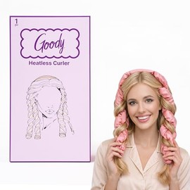 Goody Rizador de cabello satinado sin calor con 4 varillas, cómodo diseño redondeado sin clip y elásticos seguros, rizos sin calor sin daños y encresp
