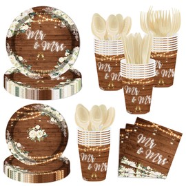 MEHOFOND 168pcs Floral Mr & Mrs Engagement Decorations, Wooden Wedding Party Supplies, Plate, Cup, Napkin, Bride and Groom Engaged Ceremony Anniversary Bridal Shower Tableware for 24 Guests