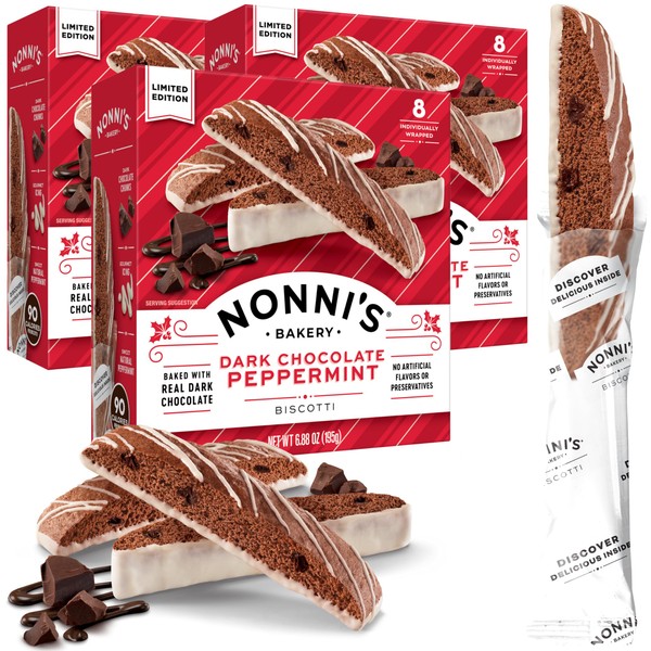 Nonni's Dark Chocolate Peppermint Biscotti - 3 Boxes Christmas Cookies - Italian Biscotti Cookies w/Dark Chocolate White Icing & Peppermint Candy - Biscotti Individually Wrapped Cookies - 6.88 oz