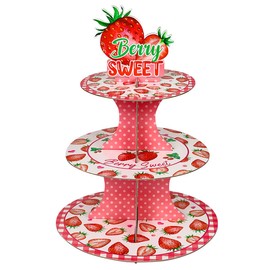 Strawberry Cupcake Stand - Berry Sweet Birthday Party Decorations, 3 Tier Round Strawberry Themed Dessert Tower Stand, Cupcake Holder Stand for Sweet One Birthday Party Decorations
