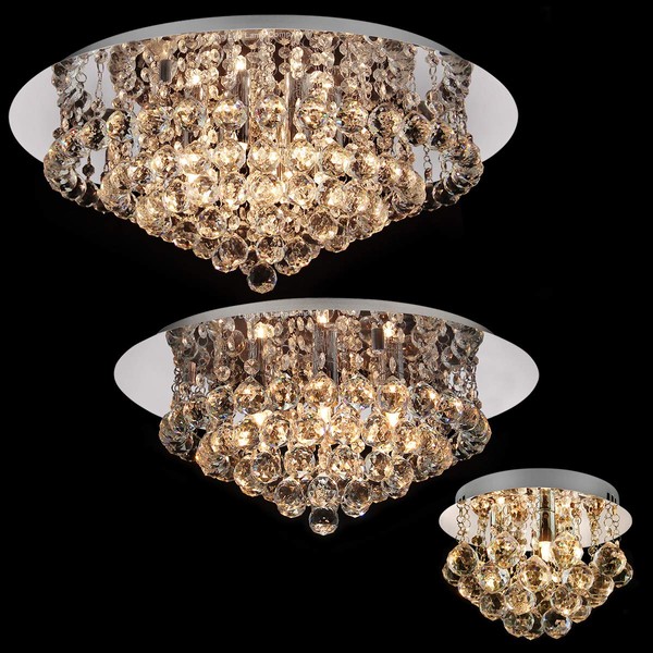 Long Life Lamp Company Flush Mount Round Chandelier Crystal Ceiling Lights Droplet Shimmer Effect Including LED Bulbs Warm White (Large) M0064-3W