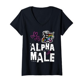 Womens Cute Alpha Male Unicorn Riding on Rainbow Teddy V-Neck T-Shirt