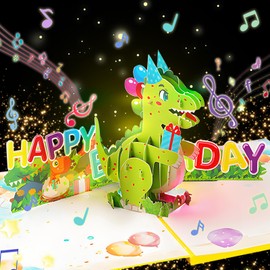 Joycabin Musical Birthday Card with Light, Dinosaur 3D Pop Up Happy Birthday Singing Card Birthday with Envelope for Boys Girls