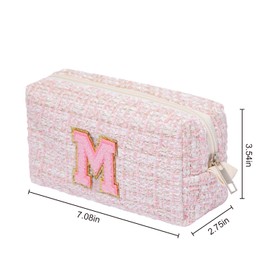 Ouksma Initial Cosmetic Bag Monogrammed Makeup Pouch Toiletry Bag with Zipper Makeup Organizer Cosmetic Pouch (M, Pink Tweed/Pink Letter)