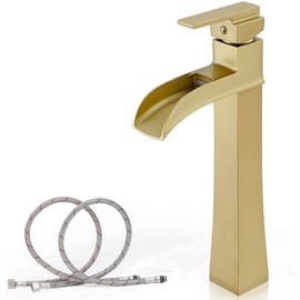 HOIGY Brushed Gold Vessel Sink Faucet, Brass Bathroom Waterfall Faucet 1 Hole, Single Handle tall bathroom faucets for vessel sinks 12 Inch, Farmhouse Bathroom Vanity Faucets for Bowl, No Pop-up Drain