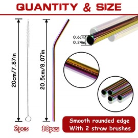 FINEASY Set of 10 Metal Straws Drinking with 2 Cleaning Brushes, Eco-Friendly Reusable Straws Coloured Stainless Steel Straws for Smoothie, Cocktail, Hot Drinks (Bent)