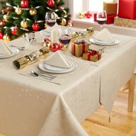 Celebright Christmas Tablecloth - Rectangular 52 x 90 inches (132 x 228 cm) - Ideal for 4-8 Dinner Place Settings - Blizzard Snowflake Embossed Design - Cream