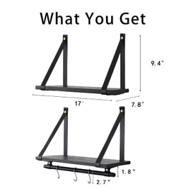 FRIADE Wall Wood Floating Shelves,Multifunctional PU Leather Strap Storage Shelves,Storage Organizer for Kitchen,Living Room,Bedroom,Study,Set of 2 (Matt Black)