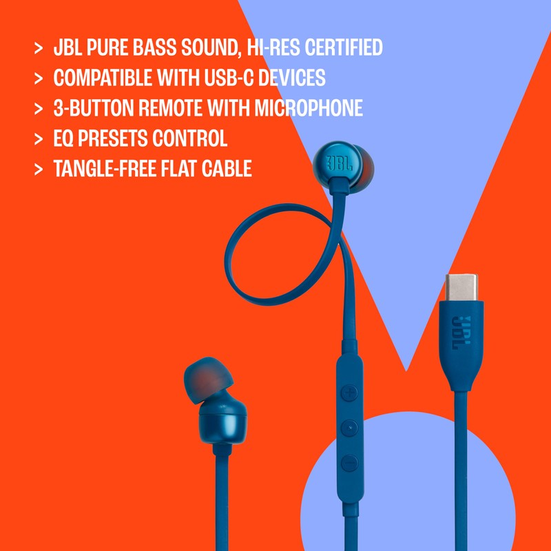 JBL Tune 310 C Hi-Res Wired Earbuds with Microphone, Flat