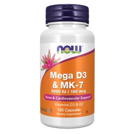 NOW Supplements, Mega D-3 & MK-7, 5000 IU / 180 mcg, Bone & Cardiovascular Support*, Vitamins K-3 & K-2, 120 Capsules