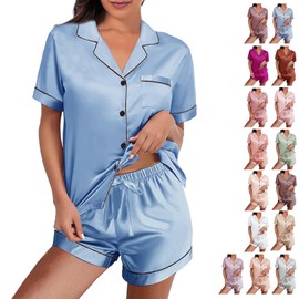 WJing Yi Jia - Pijama de satén de seda para mujer, ropa de dormir de dos piezas, con botones, floral, XS-4XL, Azure-b, X-Large