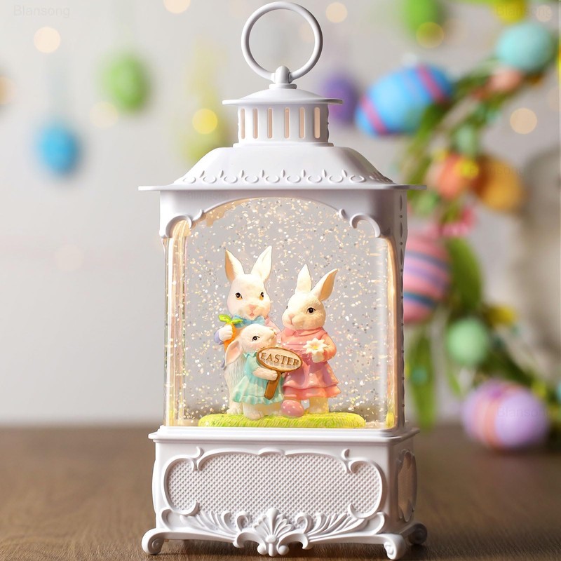Blansong Easter Snow Globe Bunny Snow Globe Lantern with Timer,
