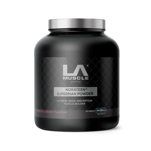 LA Muscle Norateen Superman Powder | Muscle Builder with Creatine, L Arginine, D-Aspartic Acid, Beta-Alanine and Guarana | Halal and Vegan Friendly | Berry Flavour | 45 Days Supply (1 x Pack)