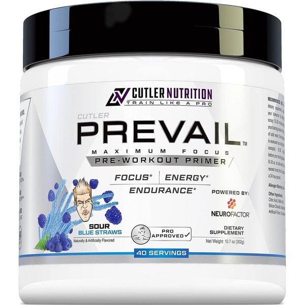 Prevail Pre Workout Powder with Nootropics: Best Pre Workout for Men and Women, Cutting Edge Energy and Focus Supplement with L Citrulline, Alpha GPC, L Tyrosine | Sour Blue Razz, 40 Scoops
