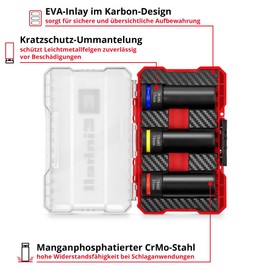Original Einhell Impact Socket Set 3-Piece (CrMo Steel, ½ Inch Square Drive, 80 mm Length, 17/19/21 mm, Manganese-Phosphated, Colour Rings, EVA Inlay in M-Case)