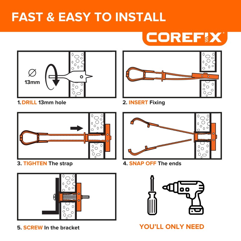 Corefix Strap Cavity Wall Fixing 8 Pack (M5x40mm), Heavy Duty